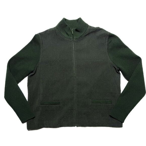 Norton Studio Vintage Checkered Embroidered Jacket Knit Sleeves Mock Neck Green - Picture 1 of 16